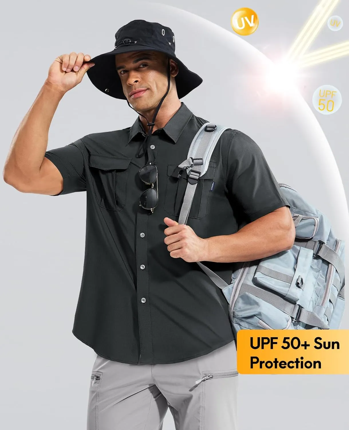 Haimont Men's Sun Protection Shirt Water Resistant Short Sleeve Button Down Shirt Quick Dry Cooling for Hiking Fishing