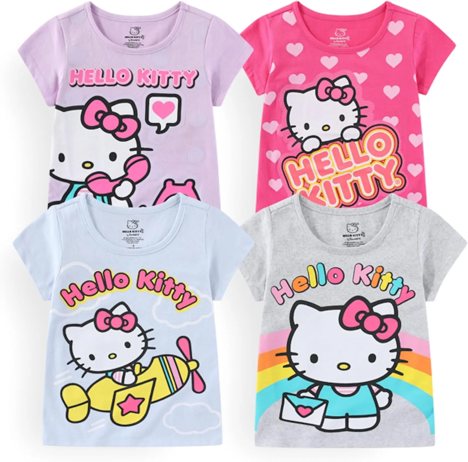 Hello Kitty Sanrio Girls 4 Pack Short Sleeve T-Shirt for Little and Big Kids