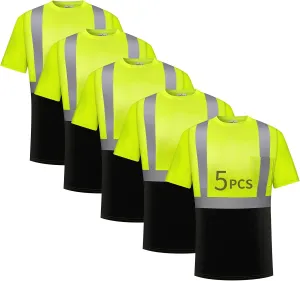 Hi Vis Safety Shirts for Men Reflective,High Visibility Work T-shirt Short Sleeve with Pocket, 3 and 5 Pack
