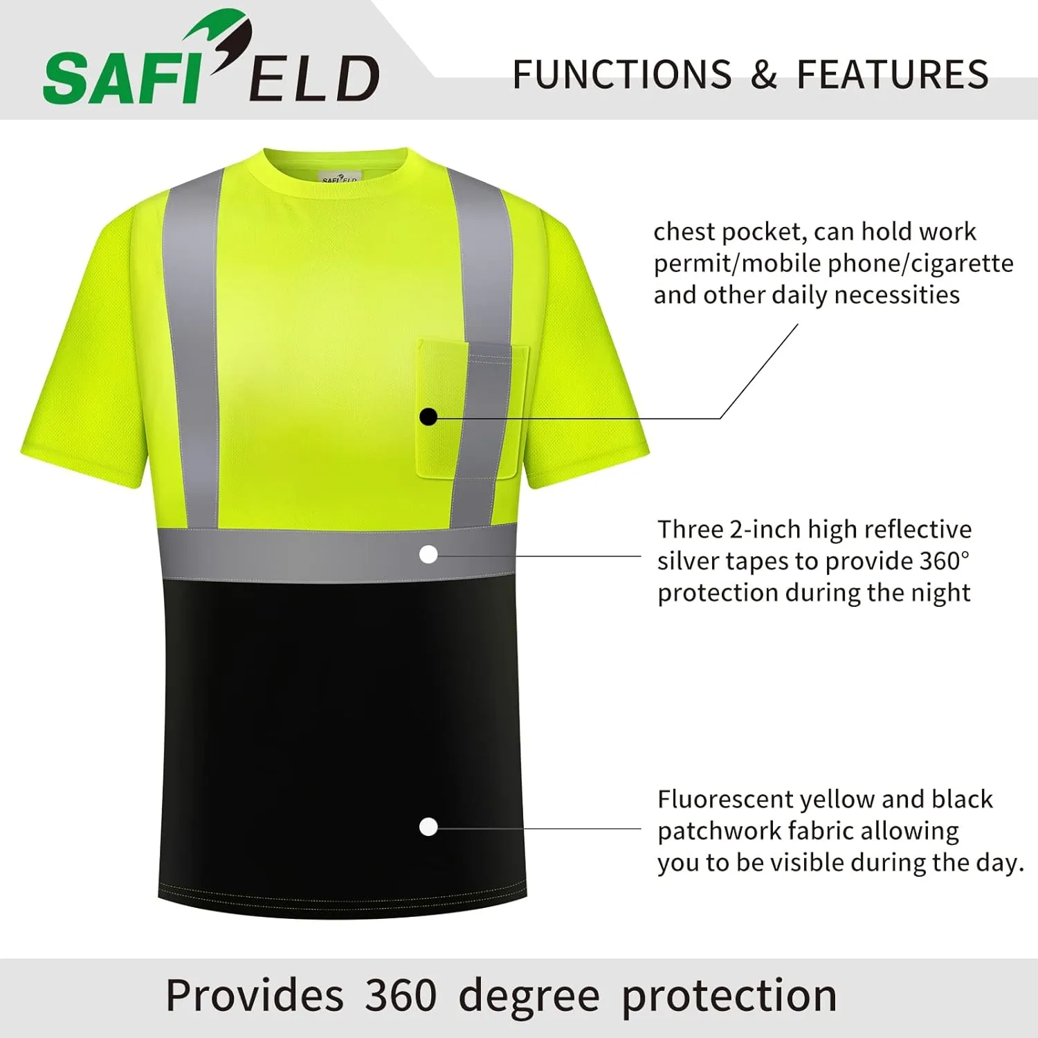 Hi Vis Safety Shirts for Men Reflective,High Visibility Work T-shirt Short Sleeve with Pocket, 3 and 5 Pack