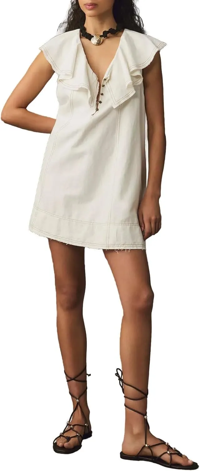 hibshaby Women's Babydoll Short Dress V-Neck Ruffle Sleeve Dress Cute Mini Dress Sundress