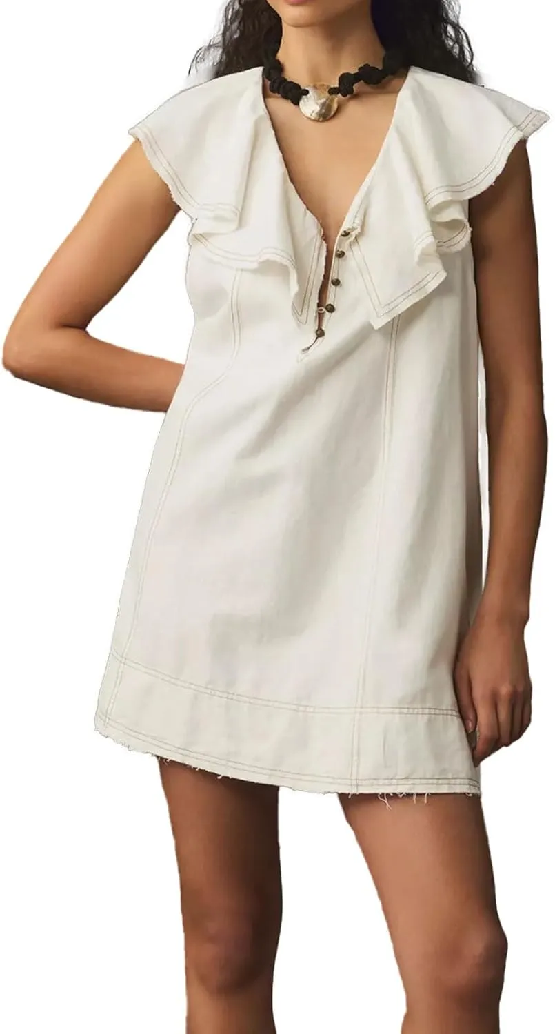 hibshaby Women's Babydoll Short Dress V-Neck Ruffle Sleeve Dress Cute Mini Dress Sundress