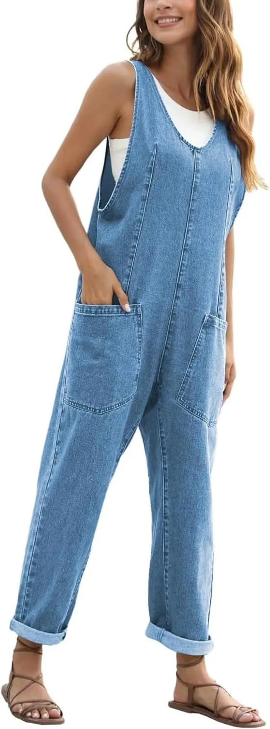 High Roller Denim Jumpsuits for Women Casual Sleeveless Loose Baggy Overalls Jeans Pants Jumpers with Pockets