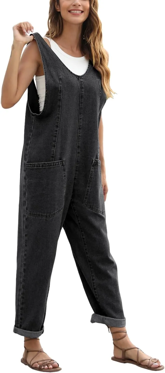 High Roller Denim Jumpsuits for Women Casual Sleeveless Loose Baggy Overalls Jeans Pants Jumpers with Pockets