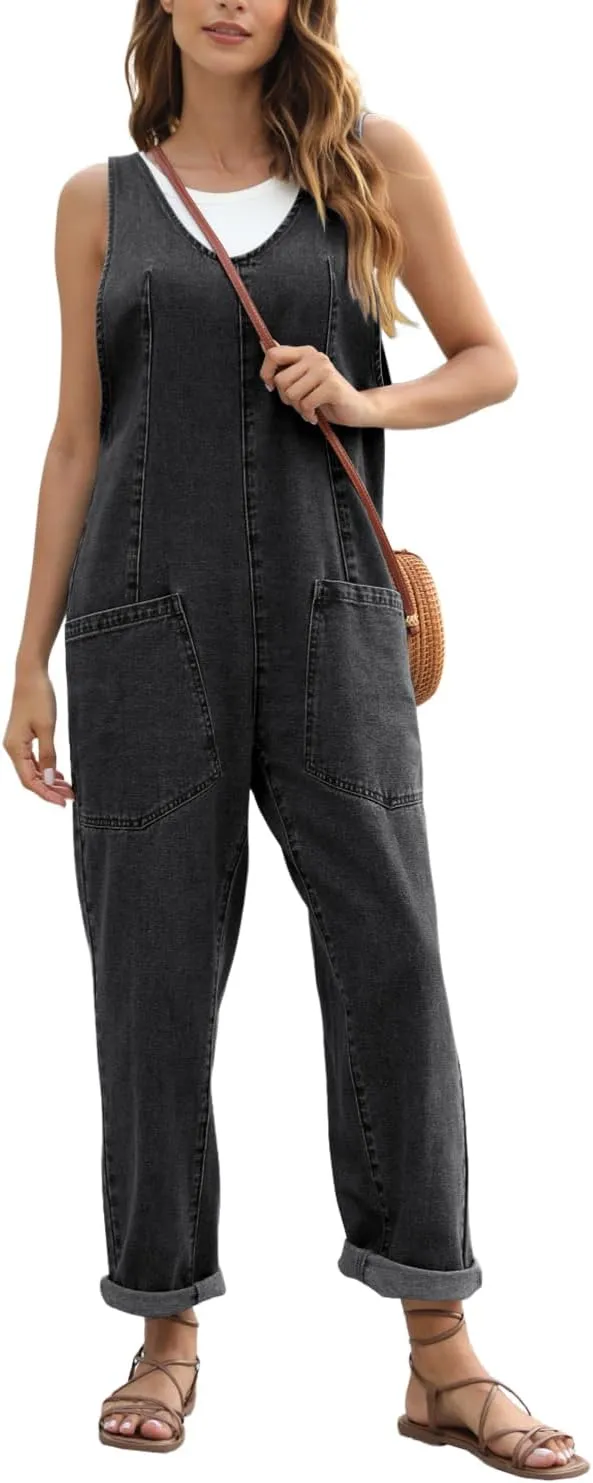 High Roller Denim Jumpsuits for Women Casual Sleeveless Loose Baggy Overalls Jeans Pants Jumpers with Pockets