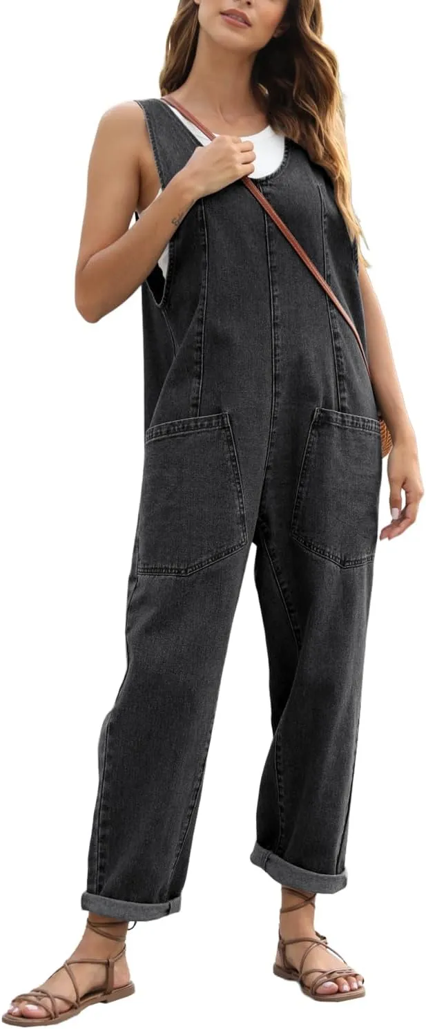 High Roller Denim Jumpsuits for Women Casual Sleeveless Loose Baggy Overalls Jeans Pants Jumpers with Pockets