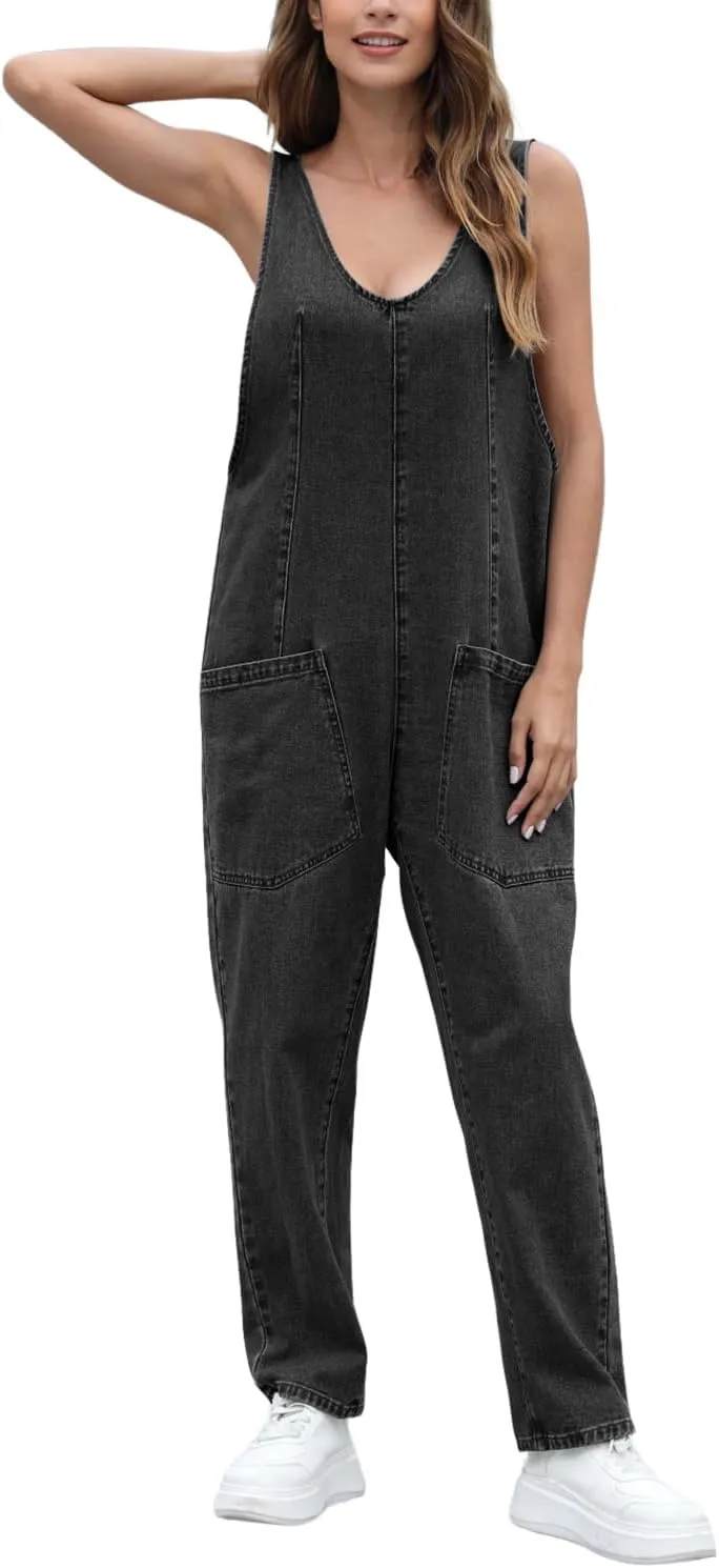 High Roller Denim Jumpsuits for Women Casual Sleeveless Loose Baggy Overalls Jeans Pants Jumpers with Pockets