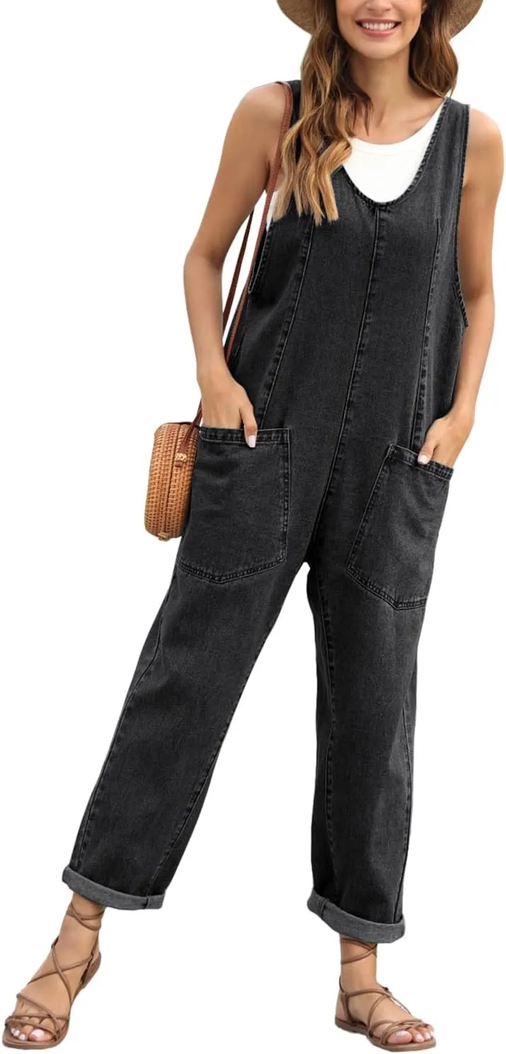 High Roller Denim Jumpsuits for Women Casual Sleeveless Loose Baggy Overalls Jeans Pants Jumpers with Pockets