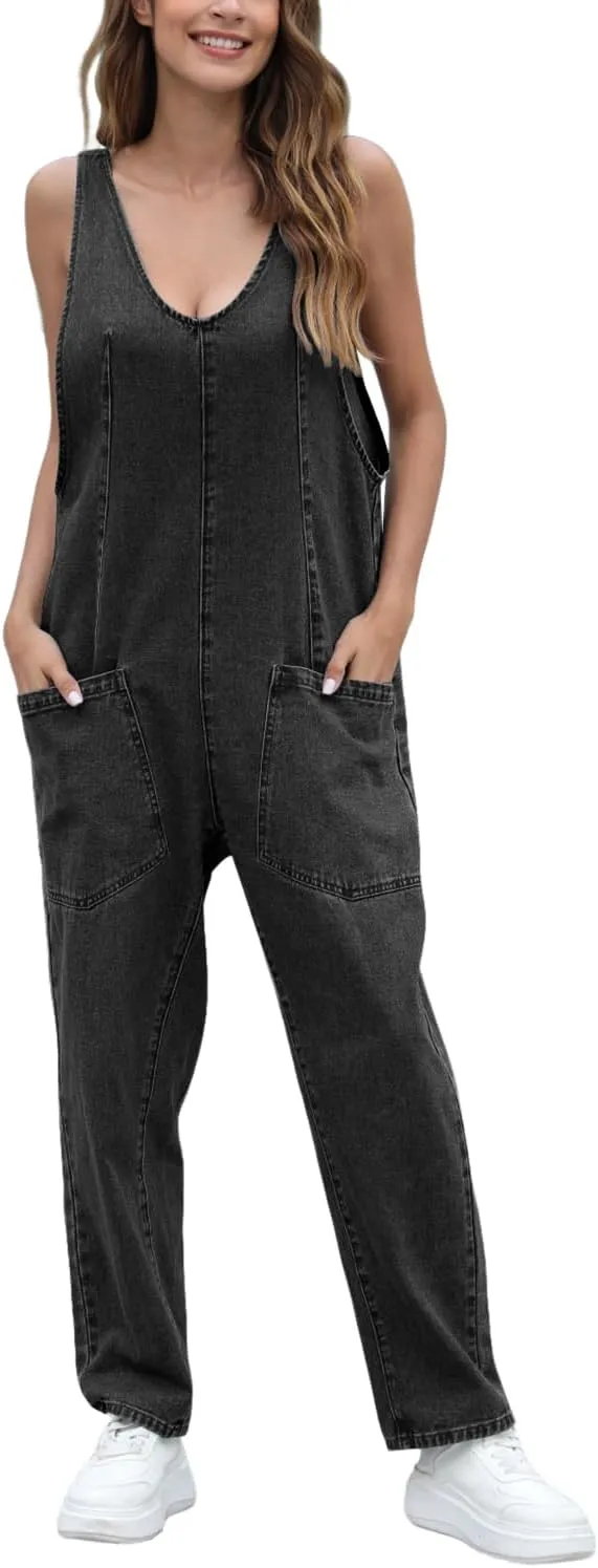 High Roller Denim Jumpsuits for Women Casual Sleeveless Loose Baggy Overalls Jeans Pants Jumpers with Pockets