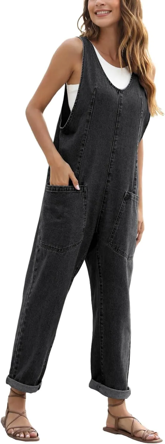 High Roller Denim Jumpsuits for Women Casual Sleeveless Loose Baggy Overalls Jeans Pants Jumpers with Pockets