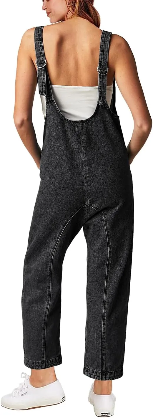 High Roller Denim Jumpsuits for Women Casual Sleeveless Loose Baggy Overalls Jeans Pants Jumpers with Pockets