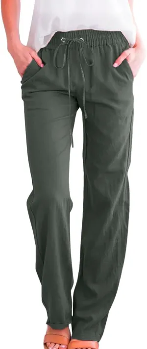 High Waisted Work Pants for Women Winter Comfy Hiking Capris with Pockets Solid Color Elastic Waist