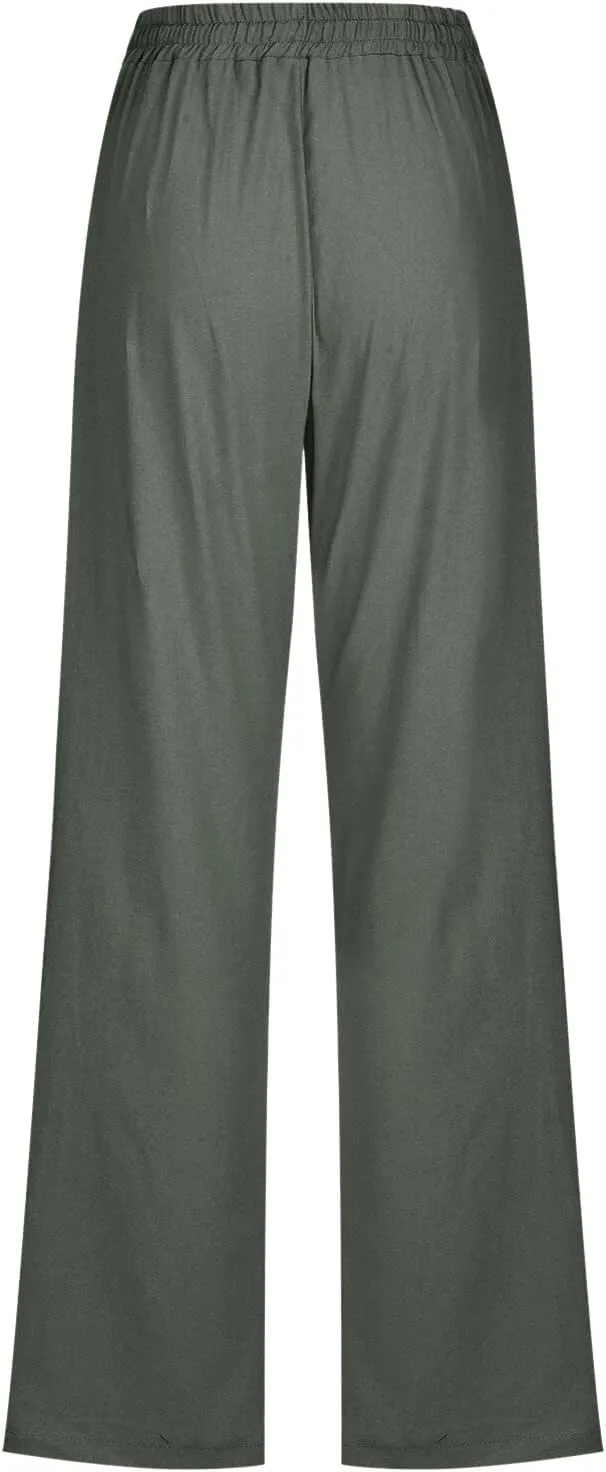 High Waisted Work Pants for Women Winter Comfy Hiking Capris with Pockets Solid Color Elastic Waist
