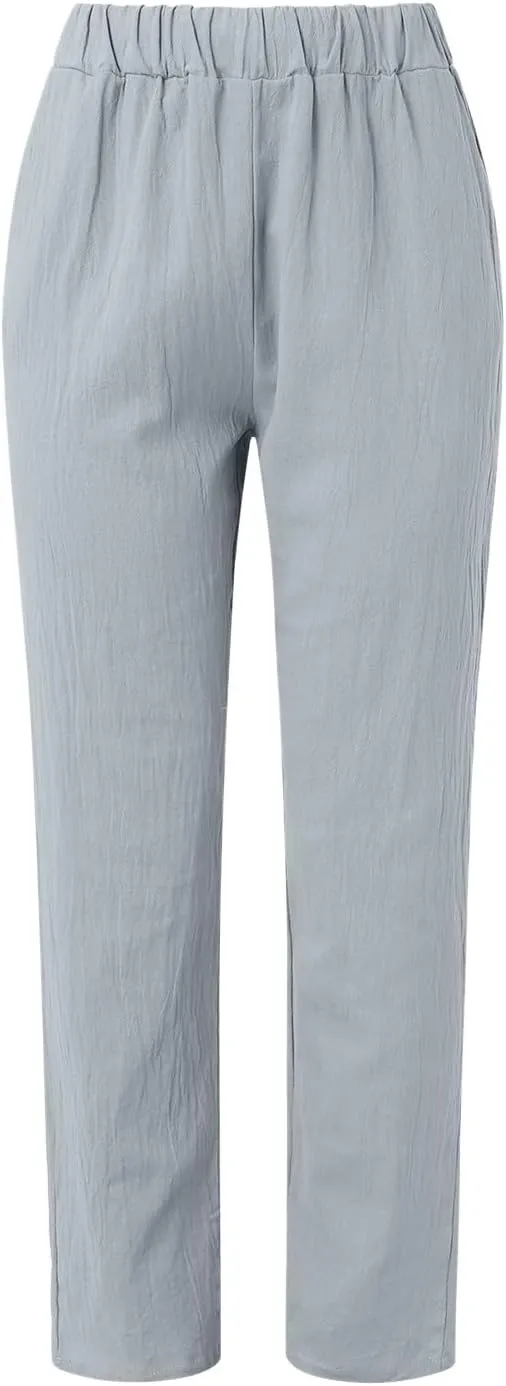 High Waisted Work Pants for Women Winter Comfy Hiking Capris with Pockets Solid Color Elastic Waist