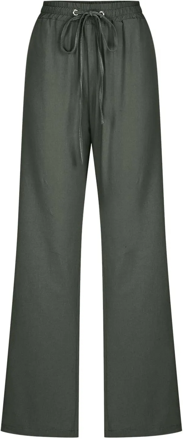 High Waisted Work Pants for Women Winter Comfy Hiking Capris with Pockets Solid Color Elastic Waist