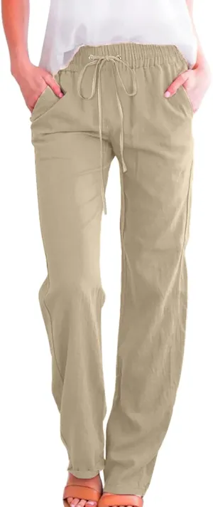 High Waisted Work Pants for Women Winter Comfy Hiking Capris with Pockets Solid Color Elastic Waist