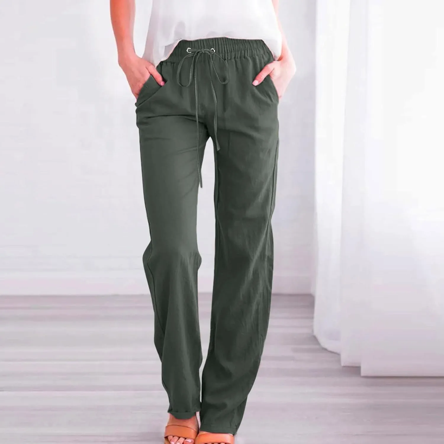 High Waisted Work Pants for Women Winter Comfy Hiking Capris with Pockets Solid Color Elastic Waist