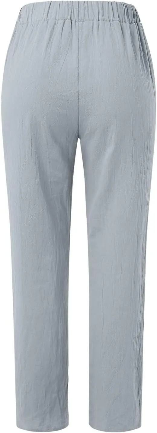 High Waisted Work Pants for Women Winter Comfy Hiking Capris with Pockets Solid Color Elastic Waist