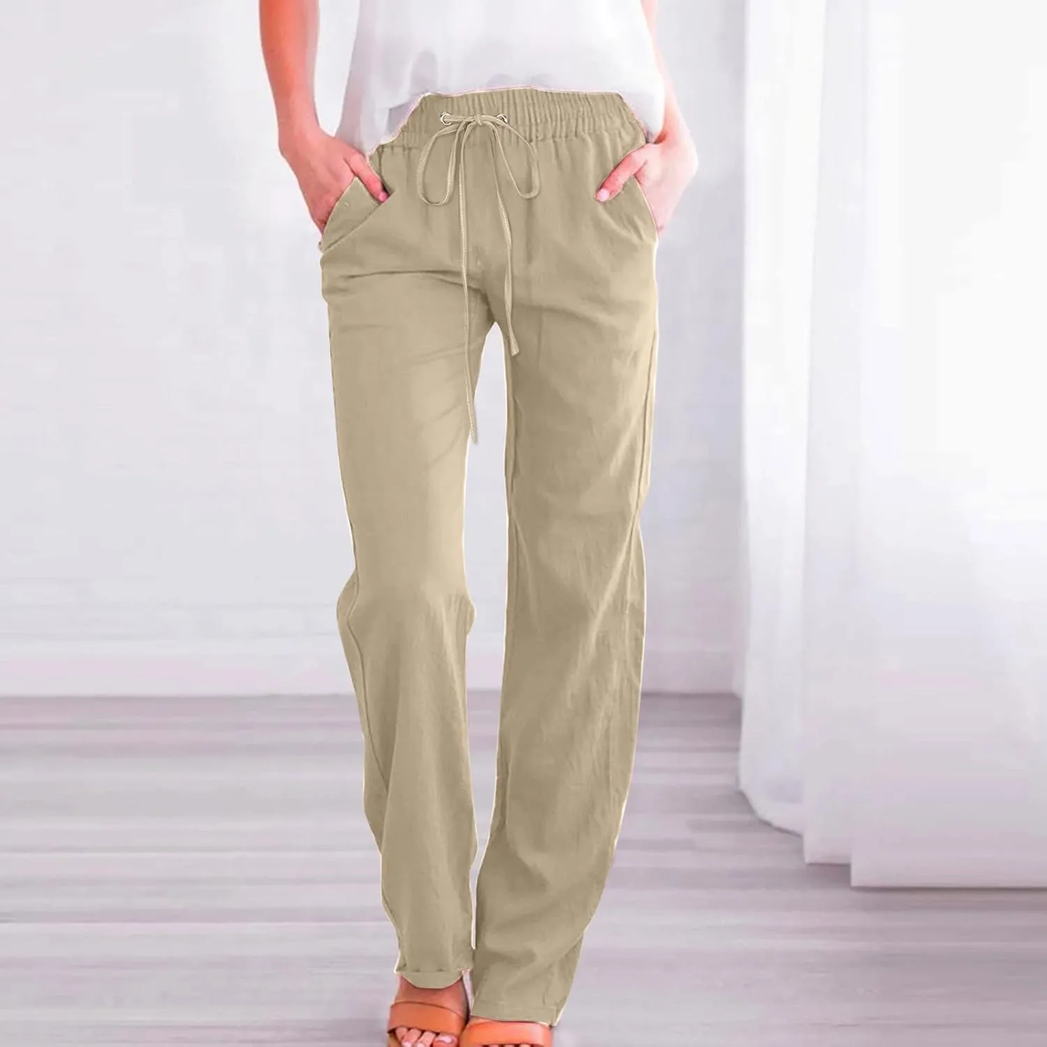 High Waisted Work Pants for Women Winter Comfy Hiking Capris with Pockets Solid Color Elastic Waist