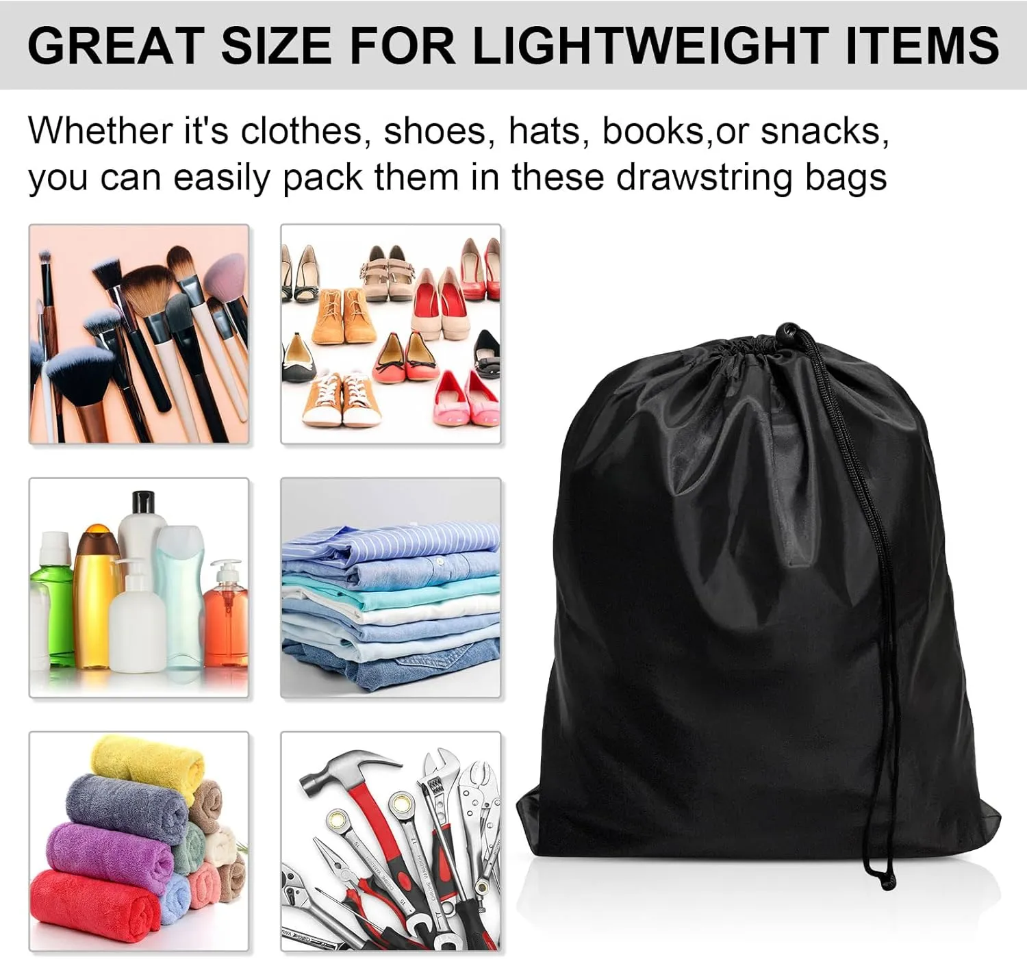 HIIXHC 8-Pack Drawstring Bags with Toggle, Durable Nylon Backpack for Gym, Sports, Travel, and Daily Use (Black, 5 x 7 Inch)