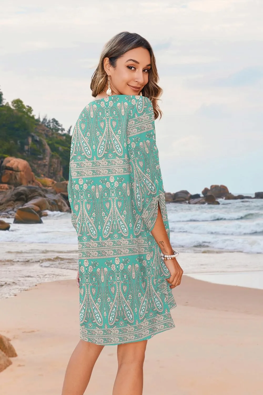 HOTOUCH Women Casual Beach Summer Dress Boho Tassel Tie Neck 3/4 Long Sleeve Short Floral Print Flowy Cover Up Sundresses