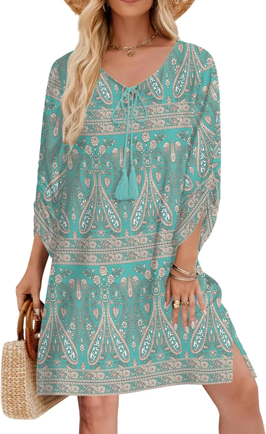 HOTOUCH Women Casual Beach Summer Dress Boho Tassel Tie Neck 3/4 Long Sleeve Short Floral Print Flowy Cover Up Sundresses