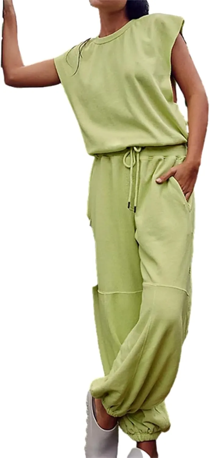 HOULENGS Women's Oversized Open Back Sleeveless Workout Jumpsuit Drawstring Waist Wide Leg Rompers with Pockets