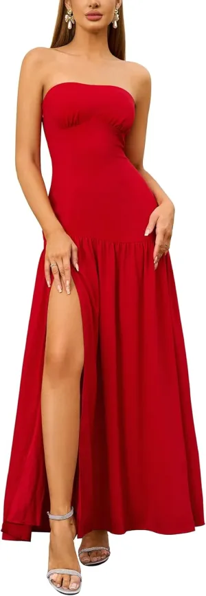 HTZMO Elegant Strapless Slit Maxi Dress Tie Back Wedding Gutst Formal Long Dresses for Women 2025