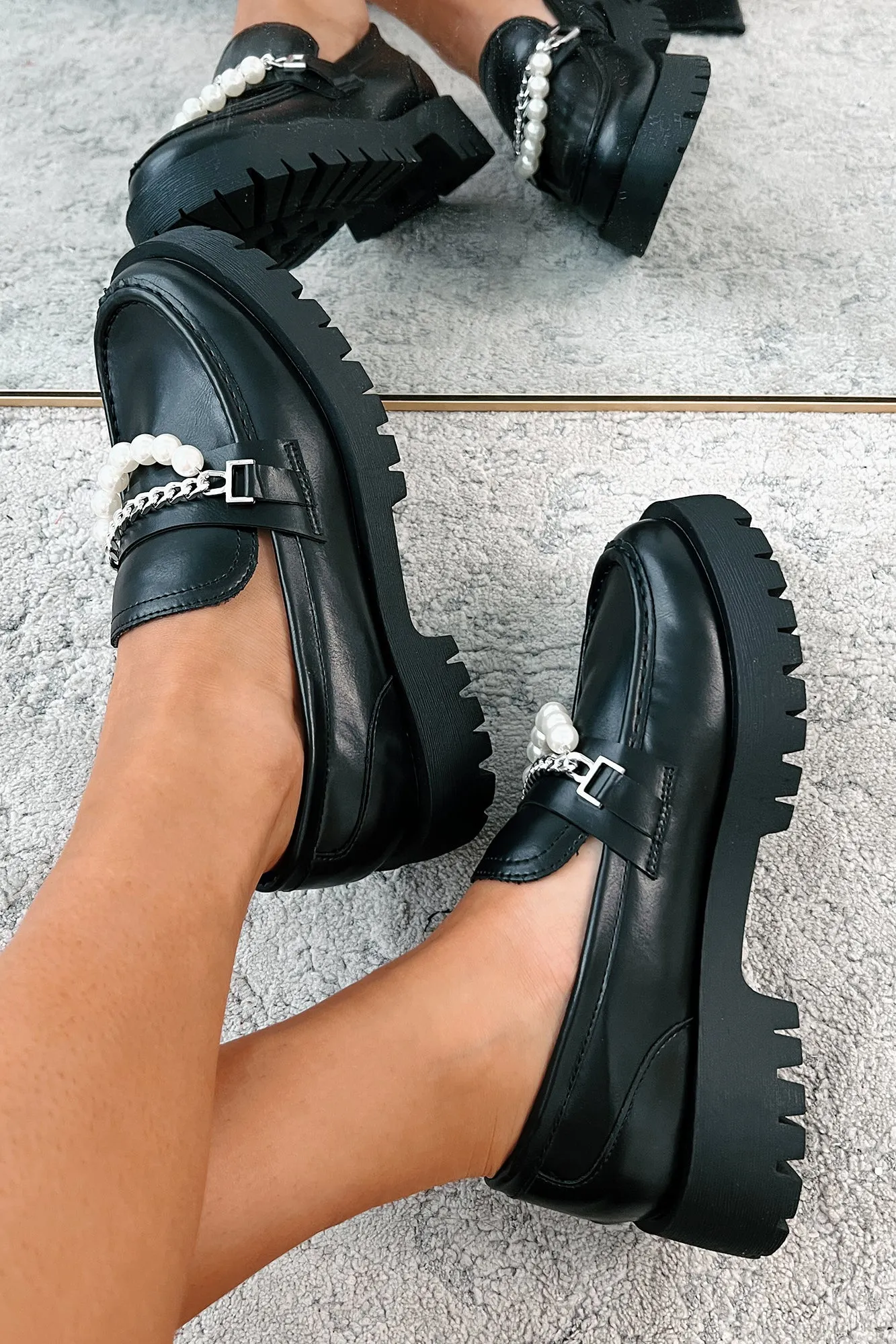 Hutch Embellished Lug Sole Loafers (Black PU)