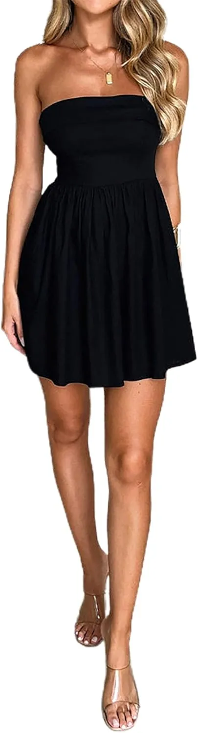 HYPERFIRE Women's Elegant Strapless Tube Top Dress Sleeveless Smocked Mini Short Dresses with Pockets