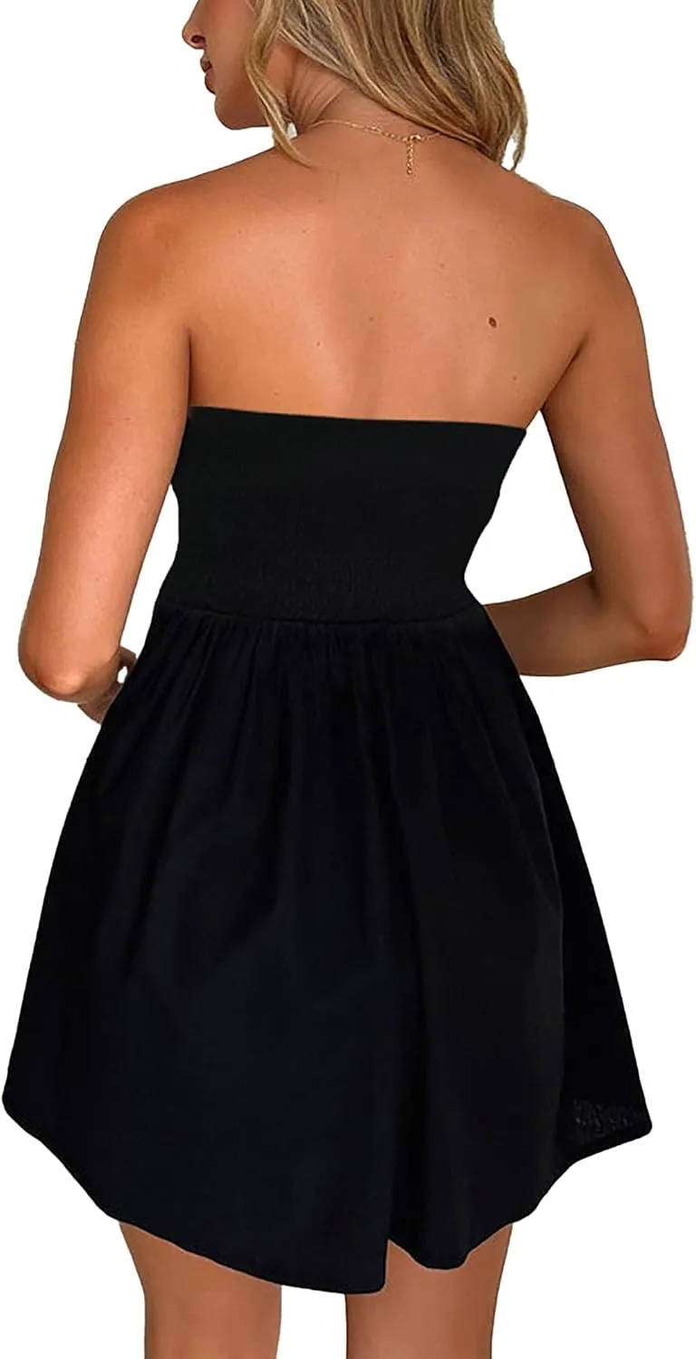 HYPERFIRE Women's Elegant Strapless Tube Top Dress Sleeveless Smocked Mini Short Dresses with Pockets