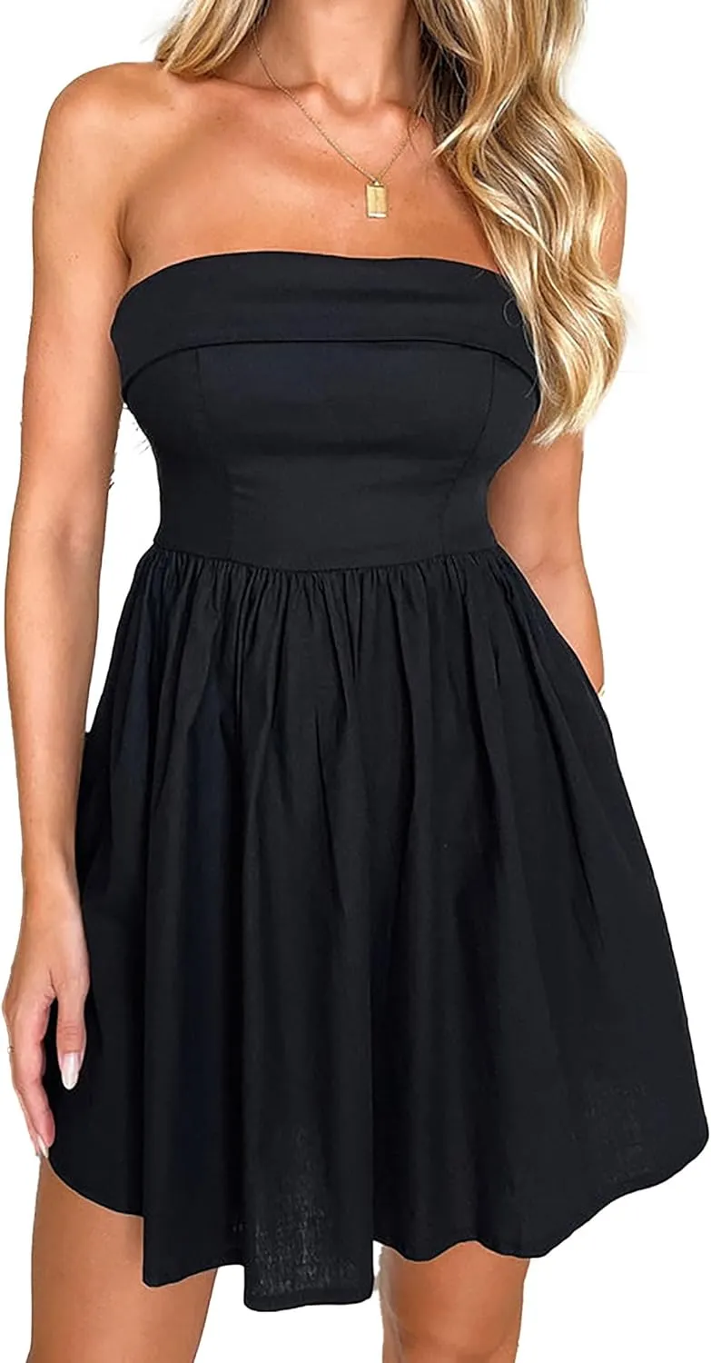 HYPERFIRE Women's Elegant Strapless Tube Top Dress Sleeveless Smocked Mini Short Dresses with Pockets