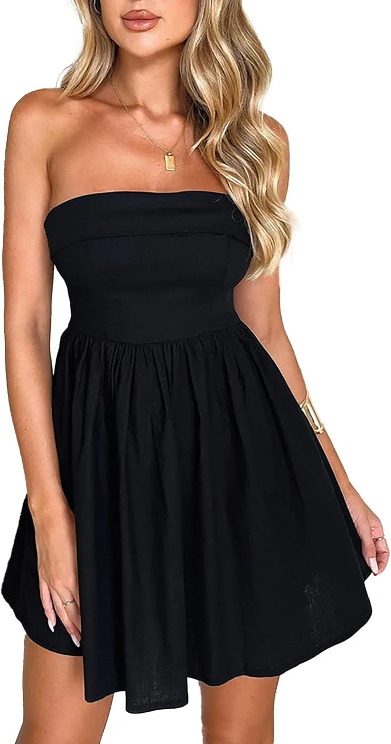 HYPERFIRE Women's Elegant Strapless Tube Top Dress Sleeveless Smocked Mini Short Dresses with Pockets