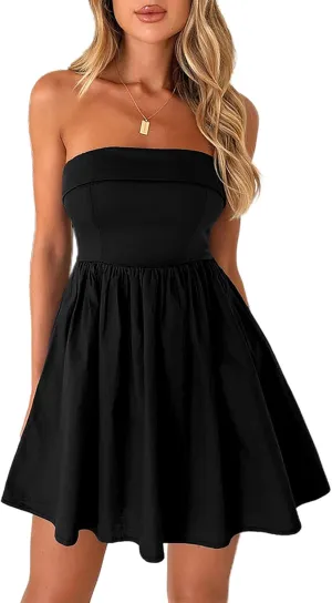 HYPERFIRE Women's Elegant Strapless Tube Top Dress Sleeveless Smocked Mini Short Dresses with Pockets