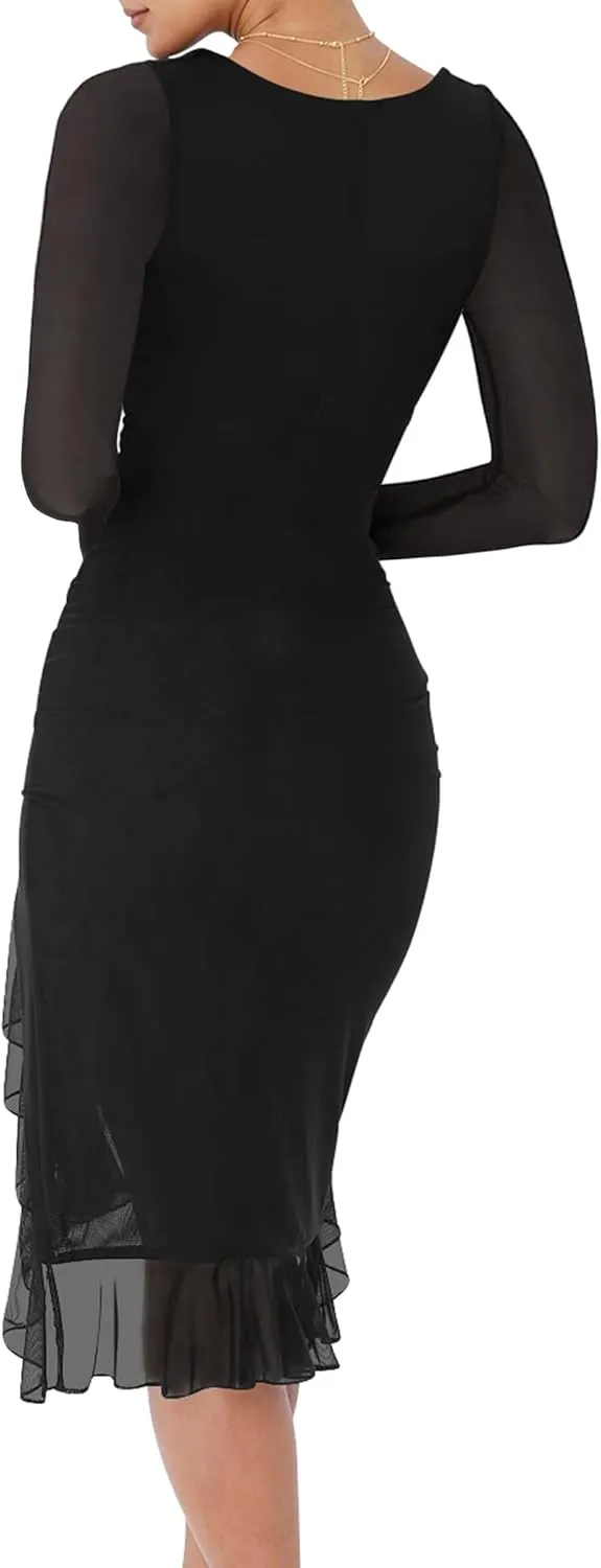 HYPERFIRE Women's Sexy Ruched Bodycon Dress Square Neck Long Sleeve Ruffle Hem Mini Dresses Club Party