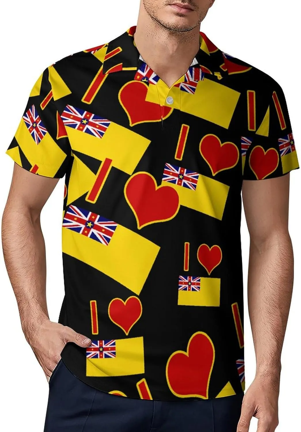 I Love Niue Flag Men's Polo-Shirt Regular-Fit Short Sleeve Sports Quick Dry Golf Tennis T-Shirt