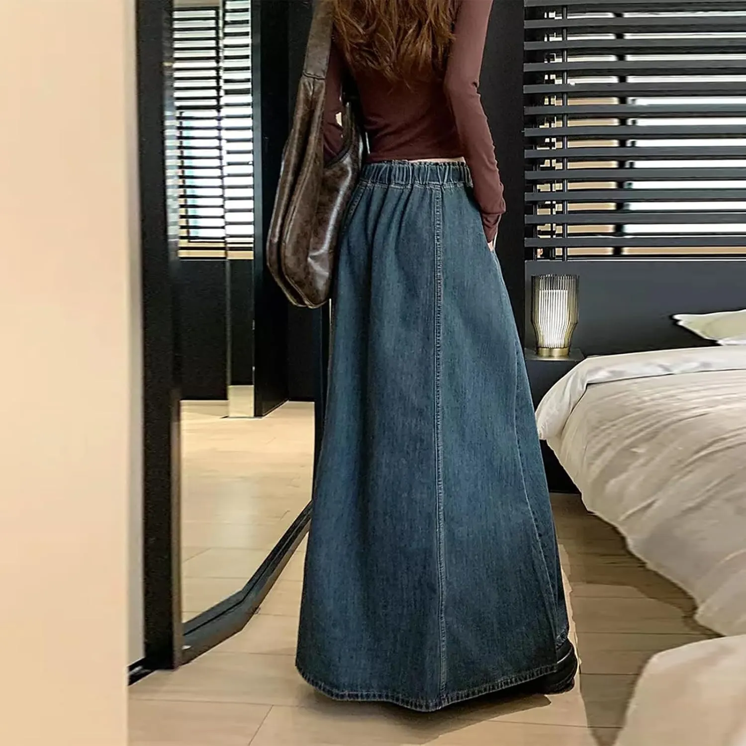 IMISSILLEB Women Plus Size Long Denim Skirts Drawstring Waist A-Line Maxi Jean Skirt with Pockets Streetwear