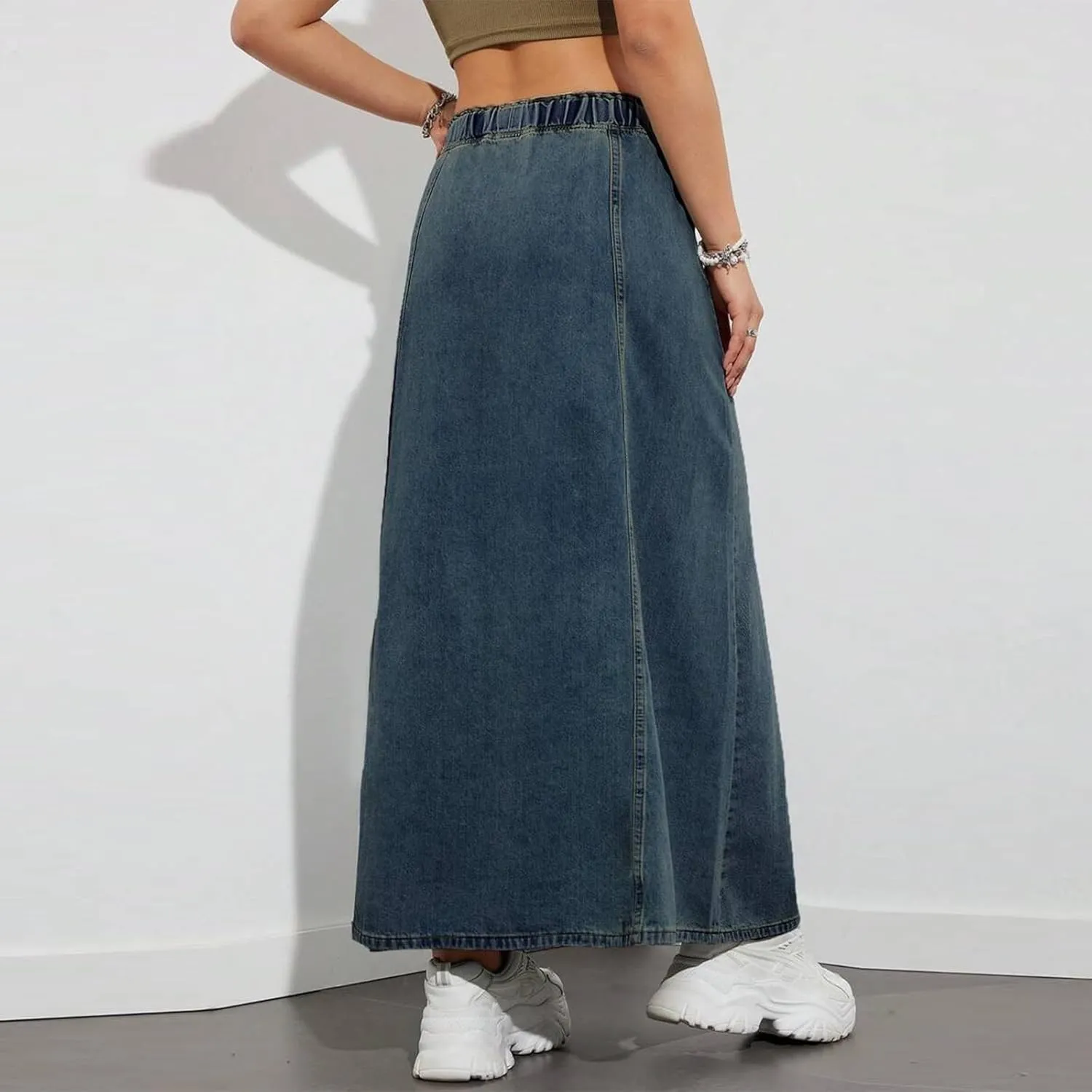 IMISSILLEB Women Plus Size Long Denim Skirts Drawstring Waist A-Line Maxi Jean Skirt with Pockets Streetwear