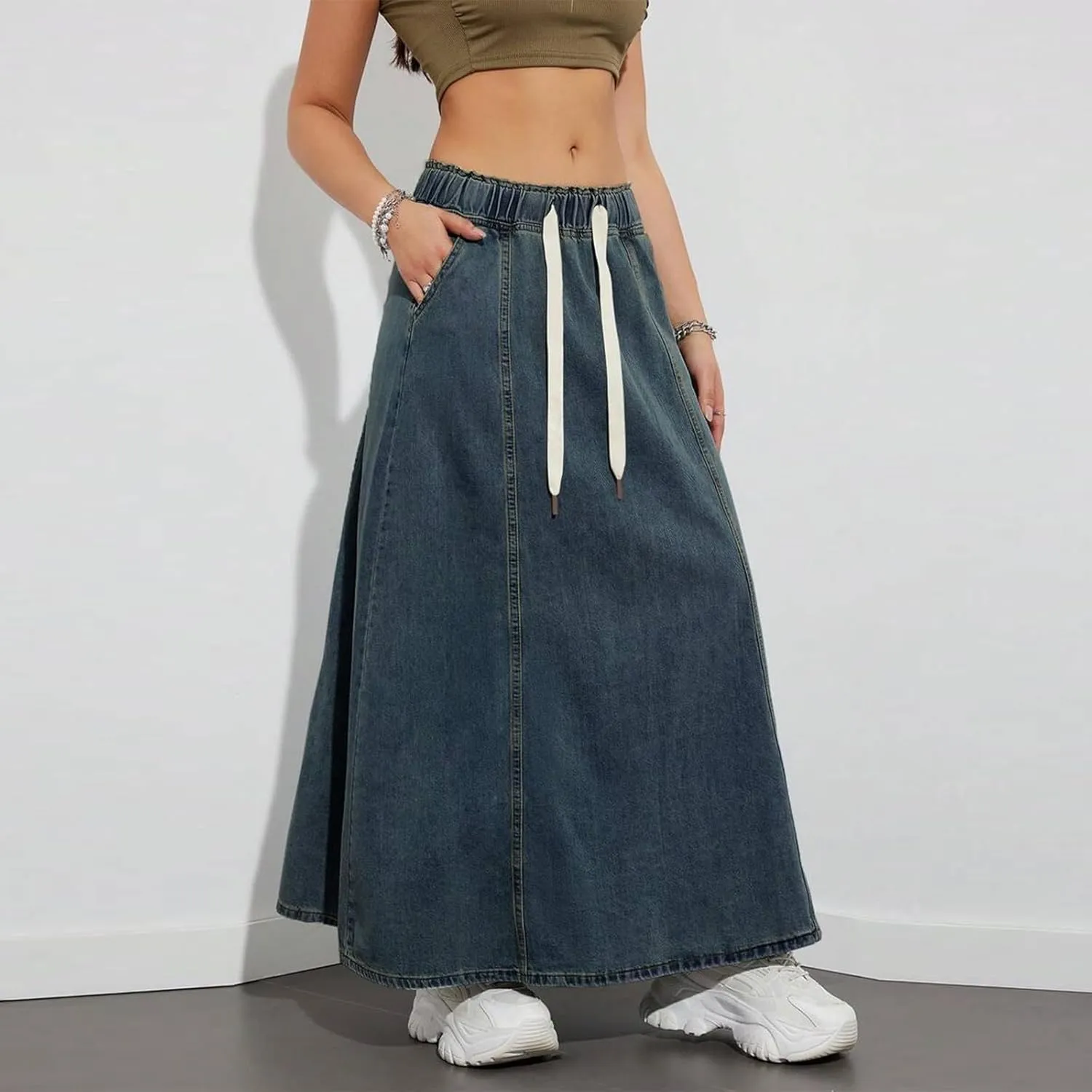 IMISSILLEB Women Plus Size Long Denim Skirts Drawstring Waist A-Line Maxi Jean Skirt with Pockets Streetwear