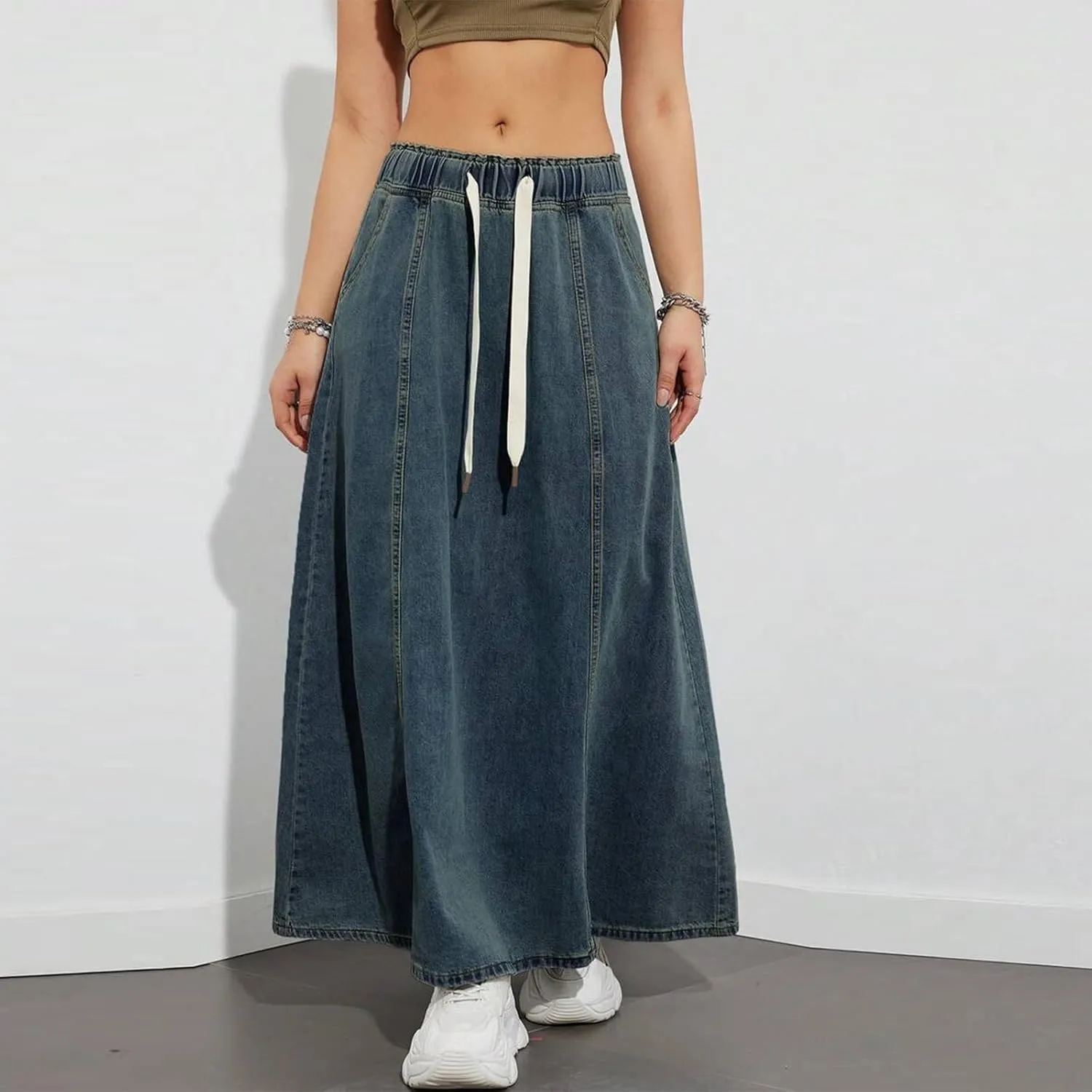 IMISSILLEB Women Plus Size Long Denim Skirts Drawstring Waist A-Line Maxi Jean Skirt with Pockets Streetwear