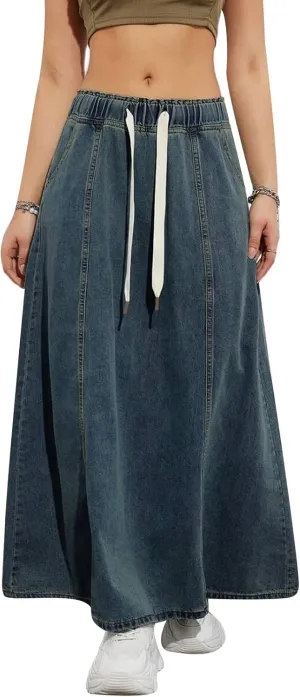 IMISSILLEB Women Plus Size Long Denim Skirts Drawstring Waist A-Line Maxi Jean Skirt with Pockets Streetwear