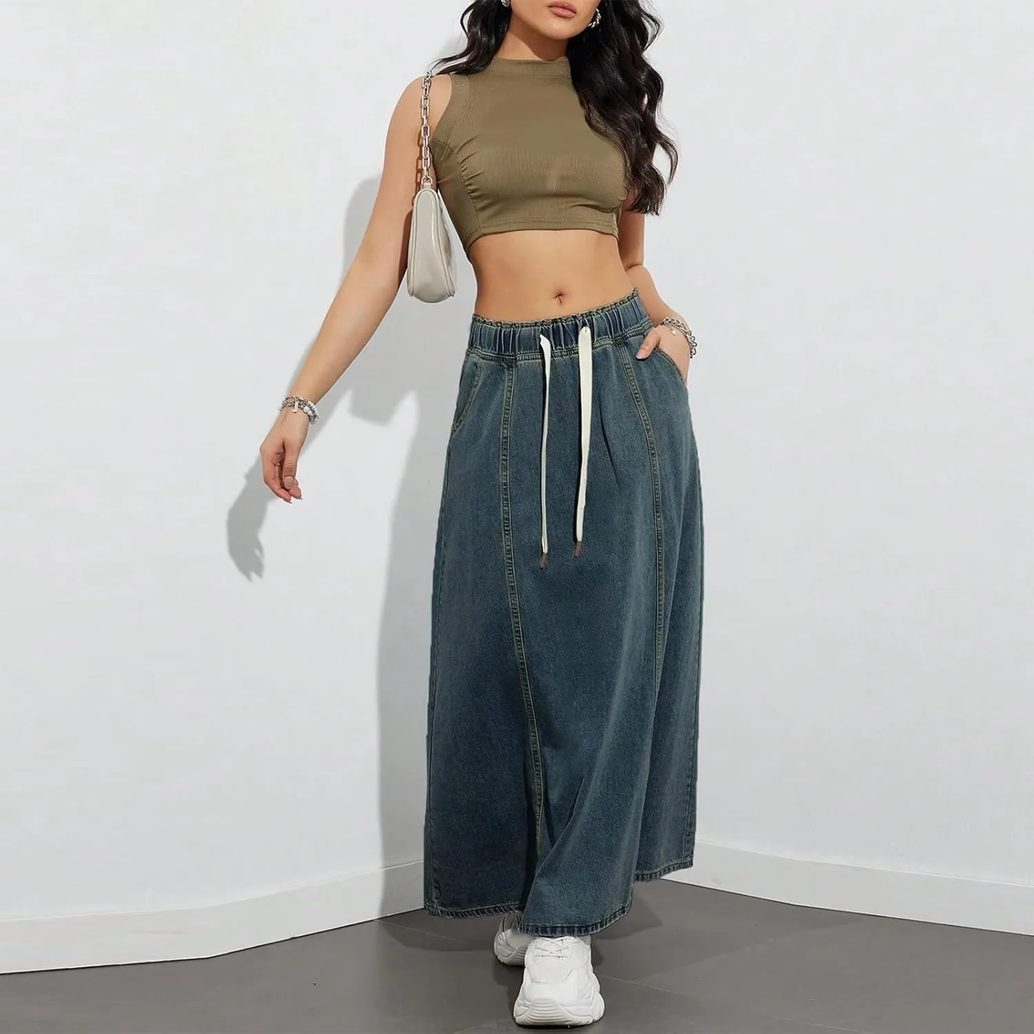 IMISSILLEB Women Plus Size Long Denim Skirts Drawstring Waist A-Line Maxi Jean Skirt with Pockets Streetwear