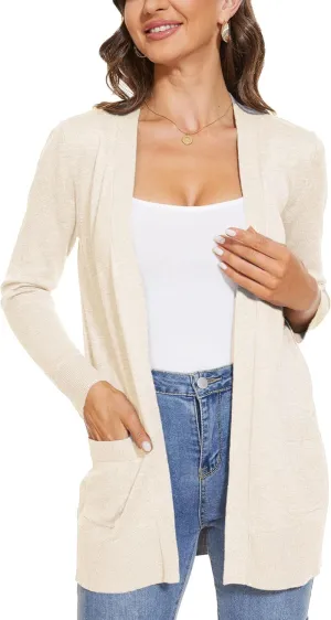 INKOFF Women's 3/4 Sleeve Cardigan Sweater Open Front Knit with Pockets Rib Hem Casual S-XXL