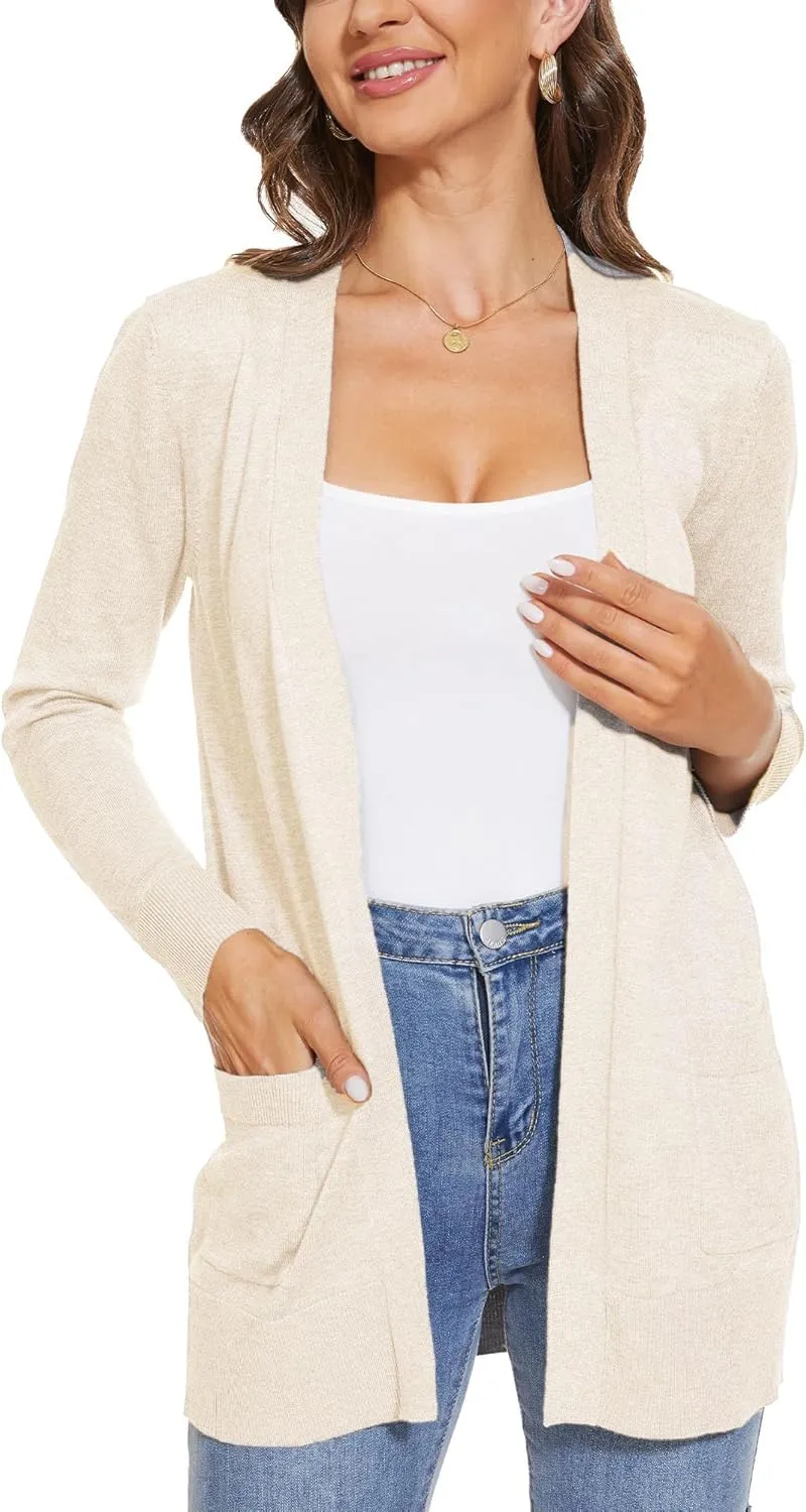 INKOFF Women's 3/4 Sleeve Cardigan Sweater Open Front Knit with Pockets Rib Hem Casual S-XXL