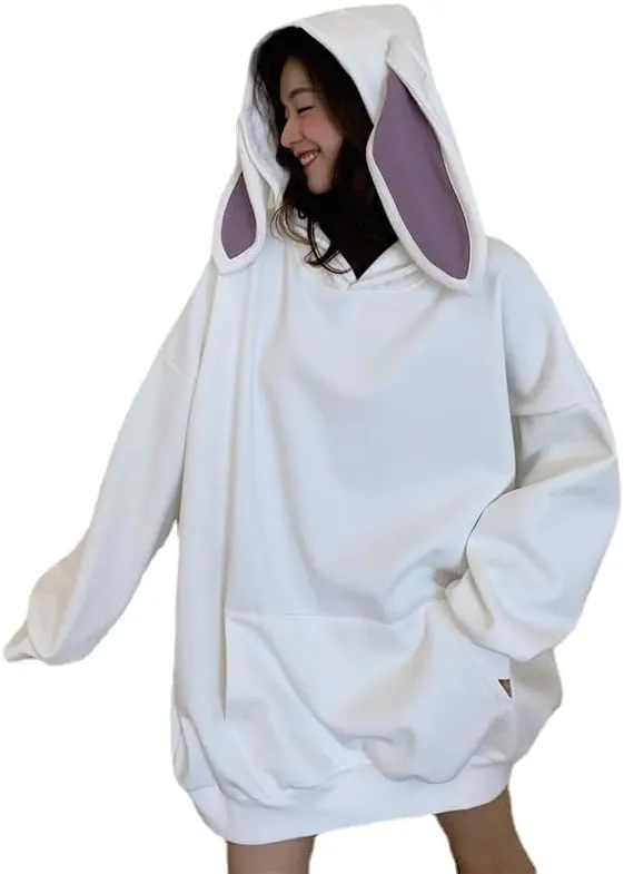 Japanese Kawaii Bunny Ears Hoodies for Women Cutecore Oversized Sweatshirt Baggy Long Sleeve Casual Fleece Top