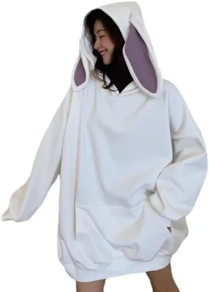 Japanese Kawaii Bunny Ears Hoodies for Women Cutecore Oversized Sweatshirt Baggy Long Sleeve Casual Fleece Top