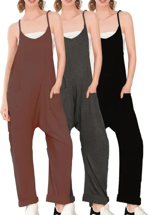 Jumpsuits for Women 3 PACK Casual Summer Rompers Sleeveless Loose Spaghetti Strap Baggy Overalls Jumpers with Pockets