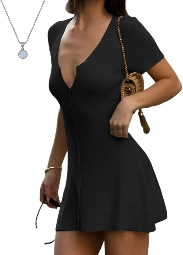 Knit Mini Dress 90s Front Button up Knitted Deep V Neck Dress Women Short Sleeve Sexy Casual Ribbed Summer