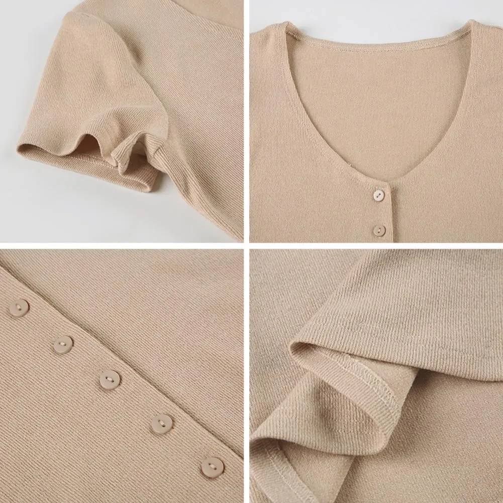 Knit Mini Dress 90s Front Button up Knitted Deep V Neck Dress Women Short Sleeve Sexy Casual Ribbed Summer