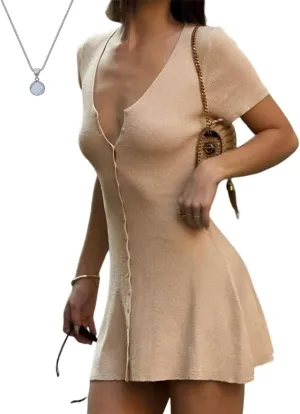 Knit Mini Dress 90s Front Button up Knitted Deep V Neck Dress Women Short Sleeve Sexy Casual Ribbed Summer
